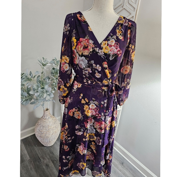 DKNY Purple Floral Print Chiffon Faux Wrap Puff Sleeve Midi Dress Size 10 - Picture 7 of 9